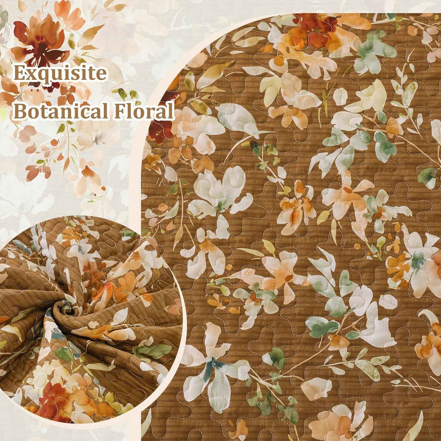 Dobuyly Brown Quilt Set Queen Size, Floral Bedspreads Coverlet Set, 3 Pieces Soft Lightweight Microfiber Farmhouse Botanical Quilt Bedding Set for All Seasons 96"x90"