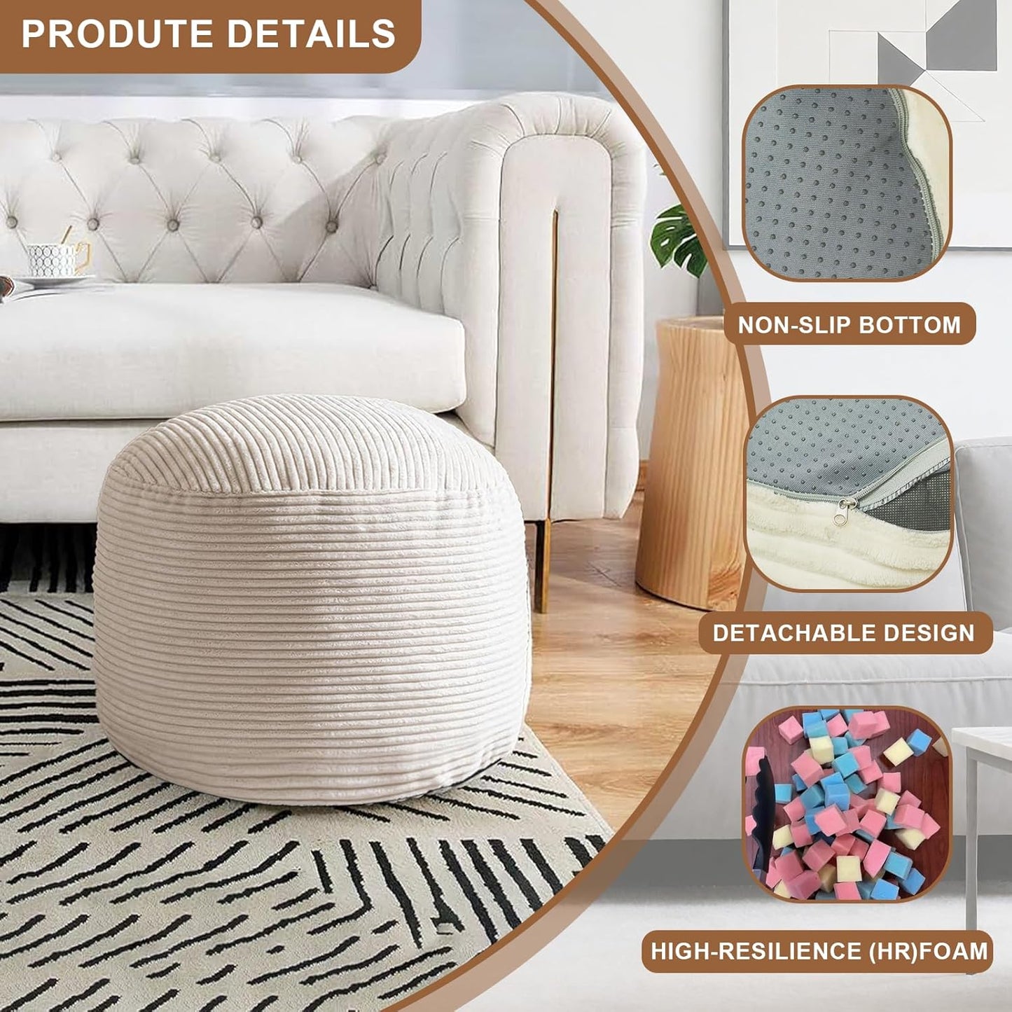 Round Stuffed Pouf Ottoman, Foot Stools Ottoman,Corduroy Poufs with Foam Chunk Filling, Furry and Fluffy Storage Ottomans, 20 X 15 Floor Poufs Foot Rest for Living Room