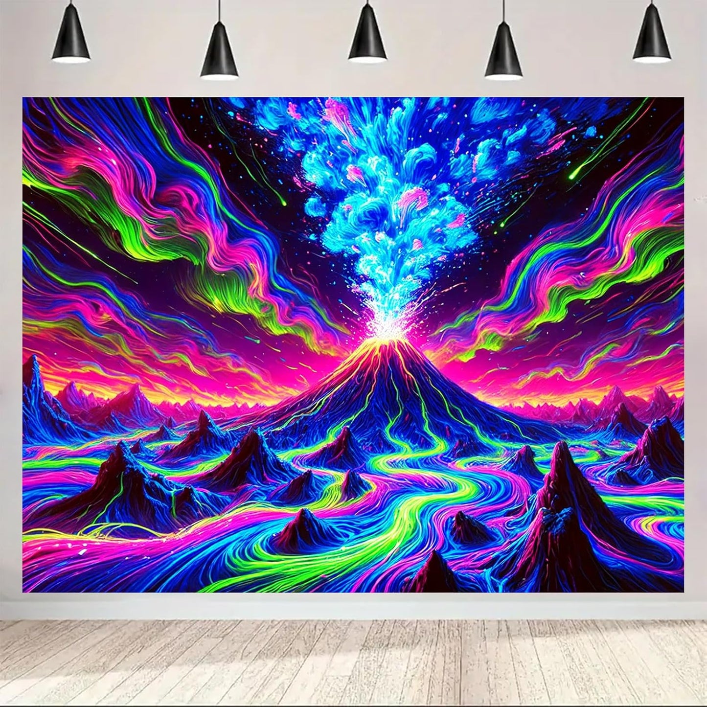 BlissYard Erupting Volcano Stream UV Black Light Tapestry 78x59 Inches Art Color Neon Light Background Bedroom Living Room Wall Party Decoration Psychedelic Lava Mountain Sky Flow Fantasy Scene