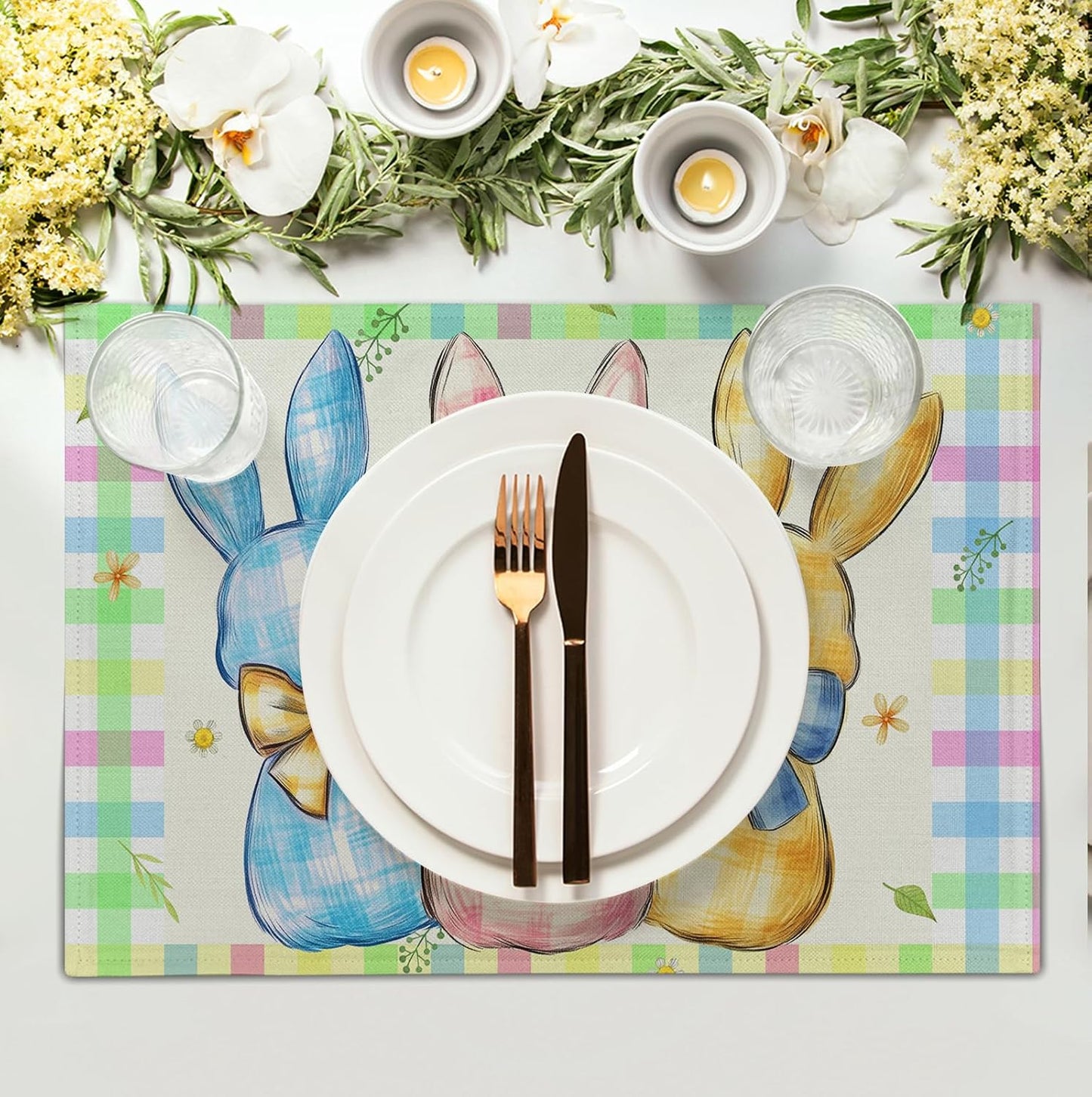 Easter Bunny Placemats Set of 4 Green Blue Pink Yellow Buffalo Plaid Rabbits Floral Bow Place Mats 12x18 Inch Happy Easter Table Mats for Spring Party Kitchen Dining Holiday Decor