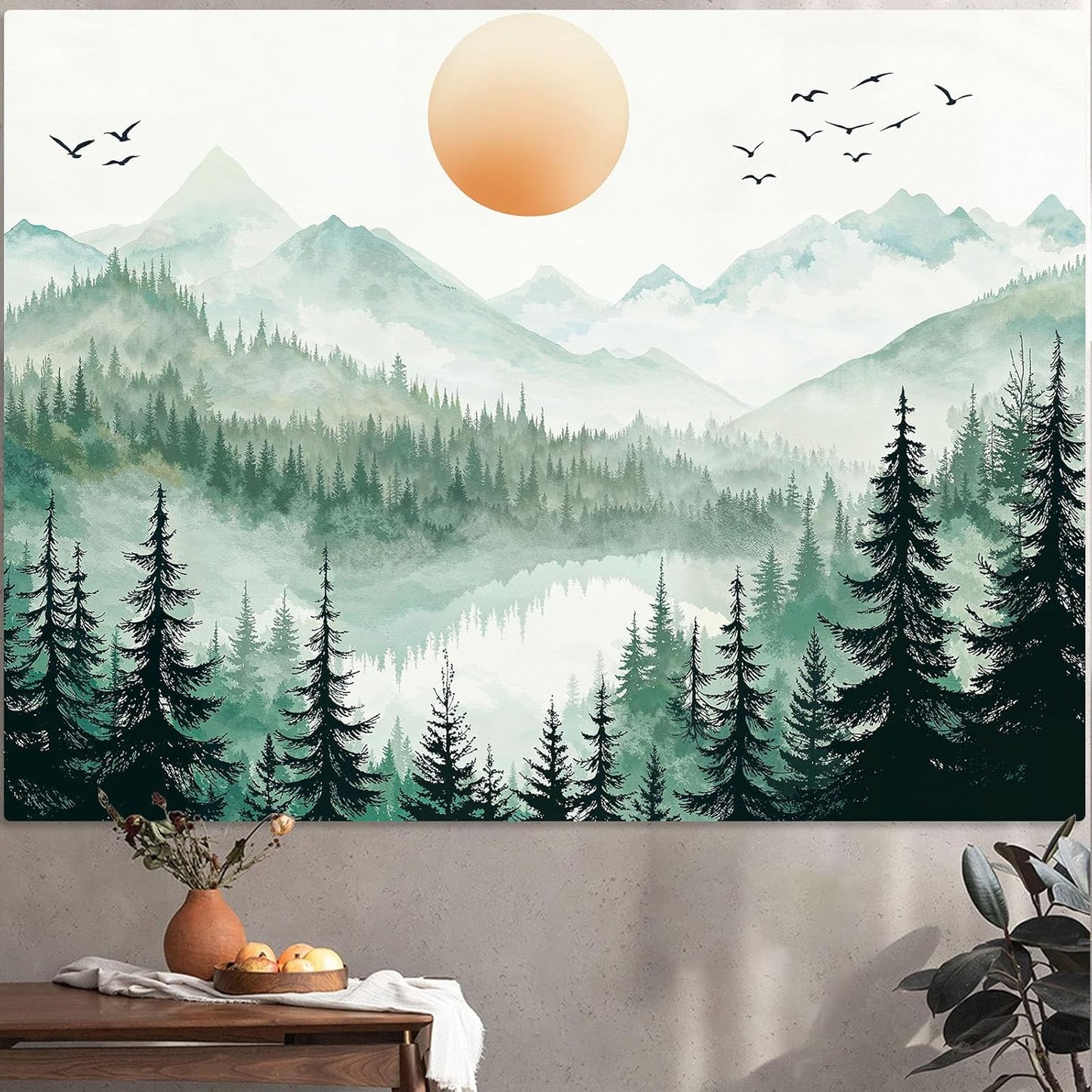 Accnicc Misty Forest Mountain Tapestry Sage Green Nature Pine Tree Wall Tapestry for Bedroom Aesthetic Watercolor Woods Lake Small Tapestries Wall Hanging for Living Room Dorm Decor 48 x 36 Inch