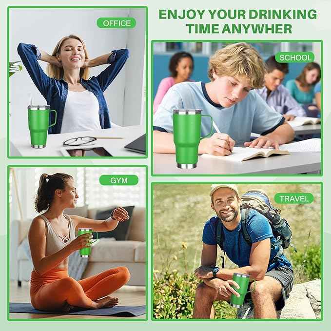 30 oz Tumbler with Handle, Stainless Steel Insulated Tumbler with Lid and Straw, Double Wall Vacuum Coffee Mug Tumbler, Insulated Coffee Thermal Cup for Cold and Hot (Fruit Green)
