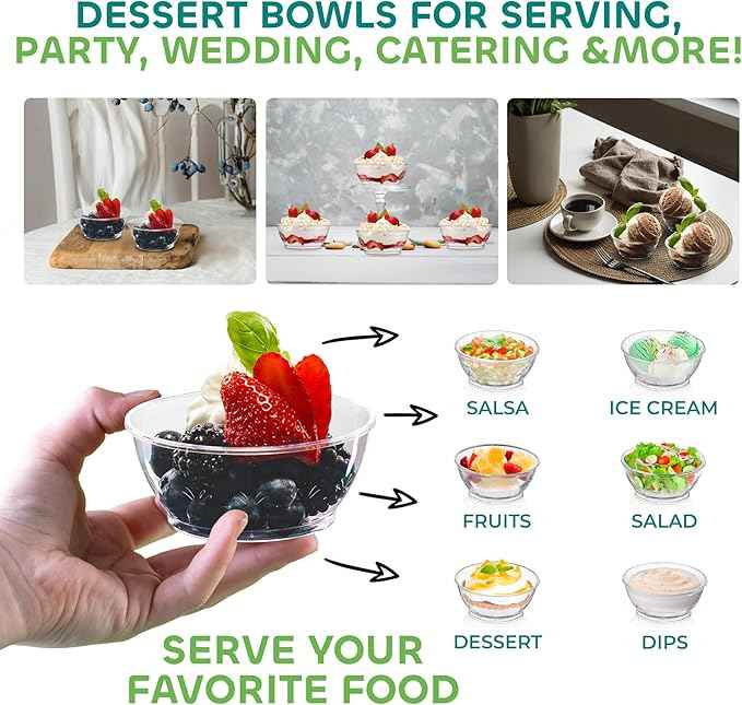 JoyServe Clear Mini Plastic Bowls - (Bulk 100 Pack) 6 Oz Disposable Premium Hard Plastic Dessert Bowls for Serving, Weddings, Catering, Parties, Salsa, Home or Event Party Supplies