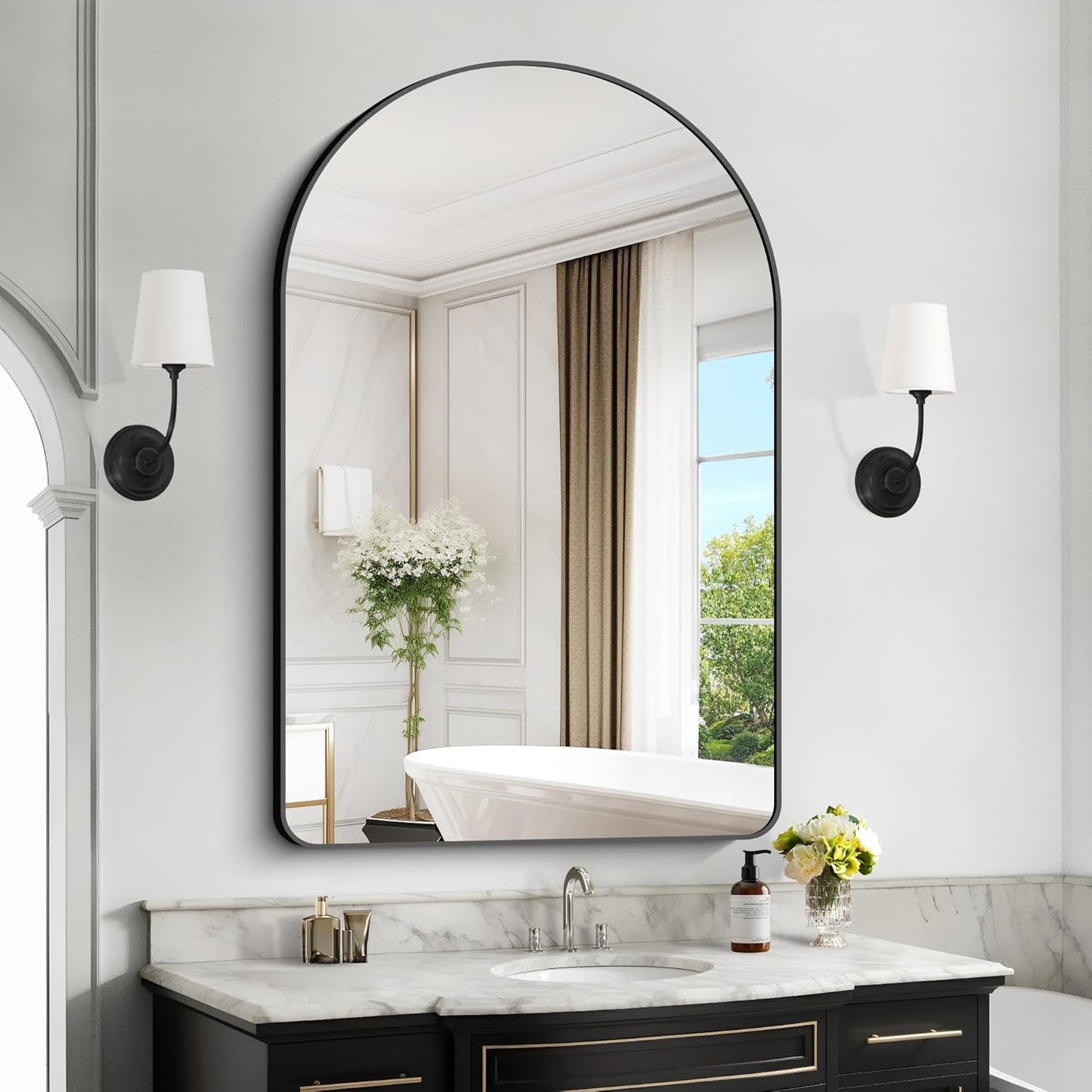 Arched Bathroom Mirror, 32"x48" Black Arched Mirror for Bathroom, Wall Mounted Mirror, Black Vanity Wall Mirror w/Metal Frame for Bedroom, Entryway, Living Room, Hanging or Leaning Against Wall