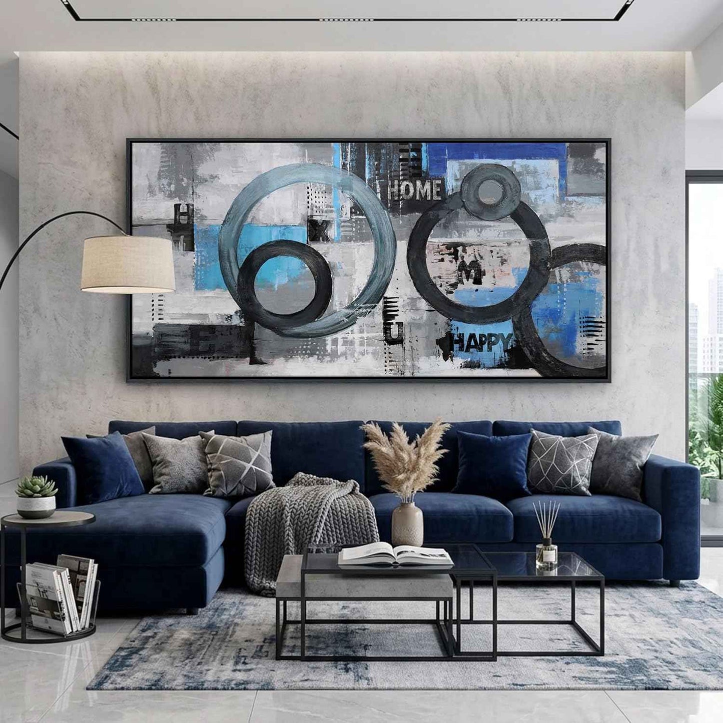 Navy Blue Abstract Wall Art for Living Room - Large Modern Canvas Pictures for Bedroom and Office Decor - Black Framed Wall Art Blue Artwork for Walls 24×48IN