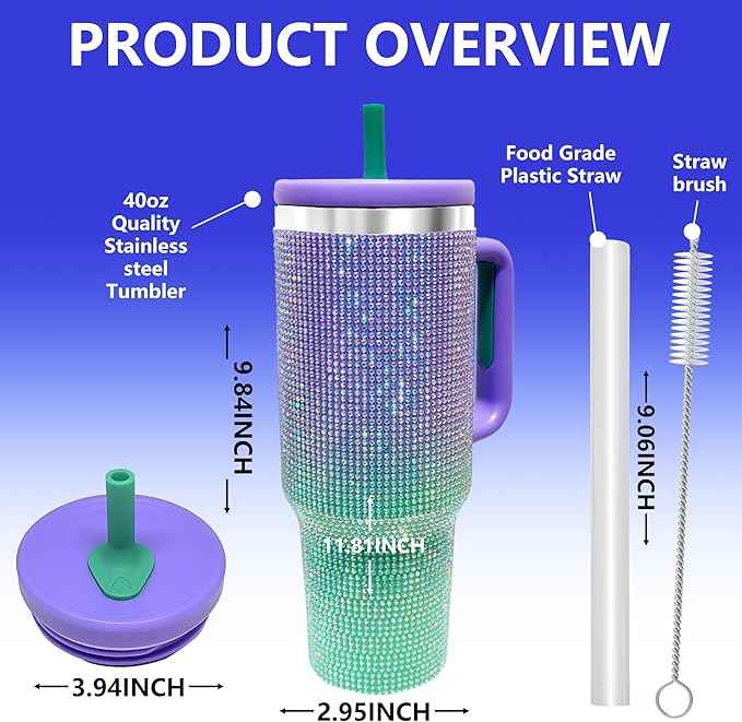 40-OZ Insulated Water Bottle,Insulated Stainless Steel Tumbler,Reusable Cold Drink Thermos,BPA-Free, Double-Wall Stainless Steel Water Bottle (Purple Green Gradient-Diamond, 40, Fluid Ounces)
