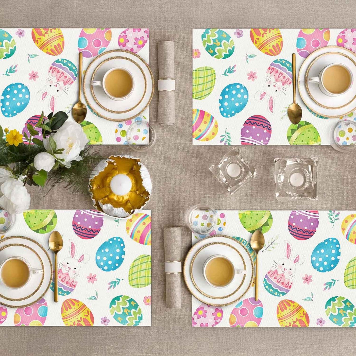 Bonhause Easter Eggs Placemats Set of 4, 12x18 Inch Spring Bunny Floral Seasonal Kitchen Dining Table Mats Washable Place Mats for Indoor Outdoor Home Party Easter Decor