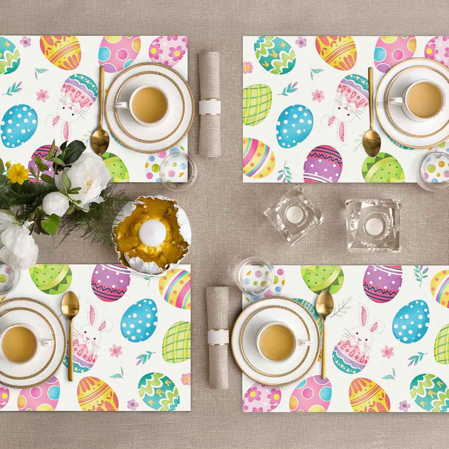 Bonhause Easter Eggs Placemats Set of 4, 12x18 Inch Spring Bunny Floral Seasonal Kitchen Dining Table Mats Washable Place Mats for Indoor Outdoor Home Party Easter Decor