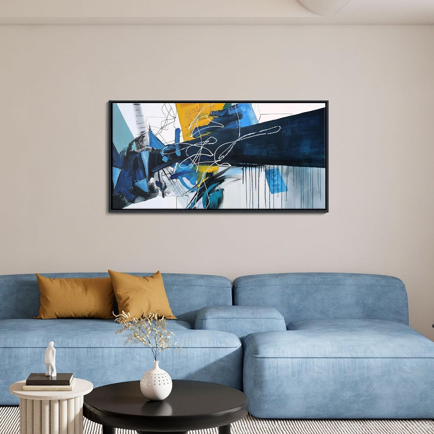 KLAKLA Modern Abstract Canvas Wall Art - Blue and white Framed Wall Decor Living Room Picture Artwork for Office Bedroom Decorative Paintings