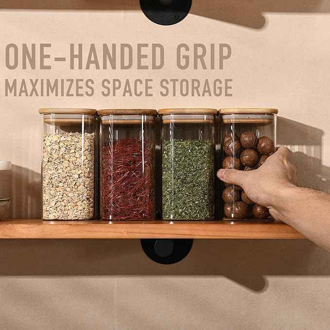 D2scrma 37oz Rectangle Airtight Glass Storage Containers with Bamboo Lids (Set of 4), Square Food Storage Jar, Pantry Organizers for Cereal, Nuts, Snacks and Coffee beans (‎with Black Lable)
