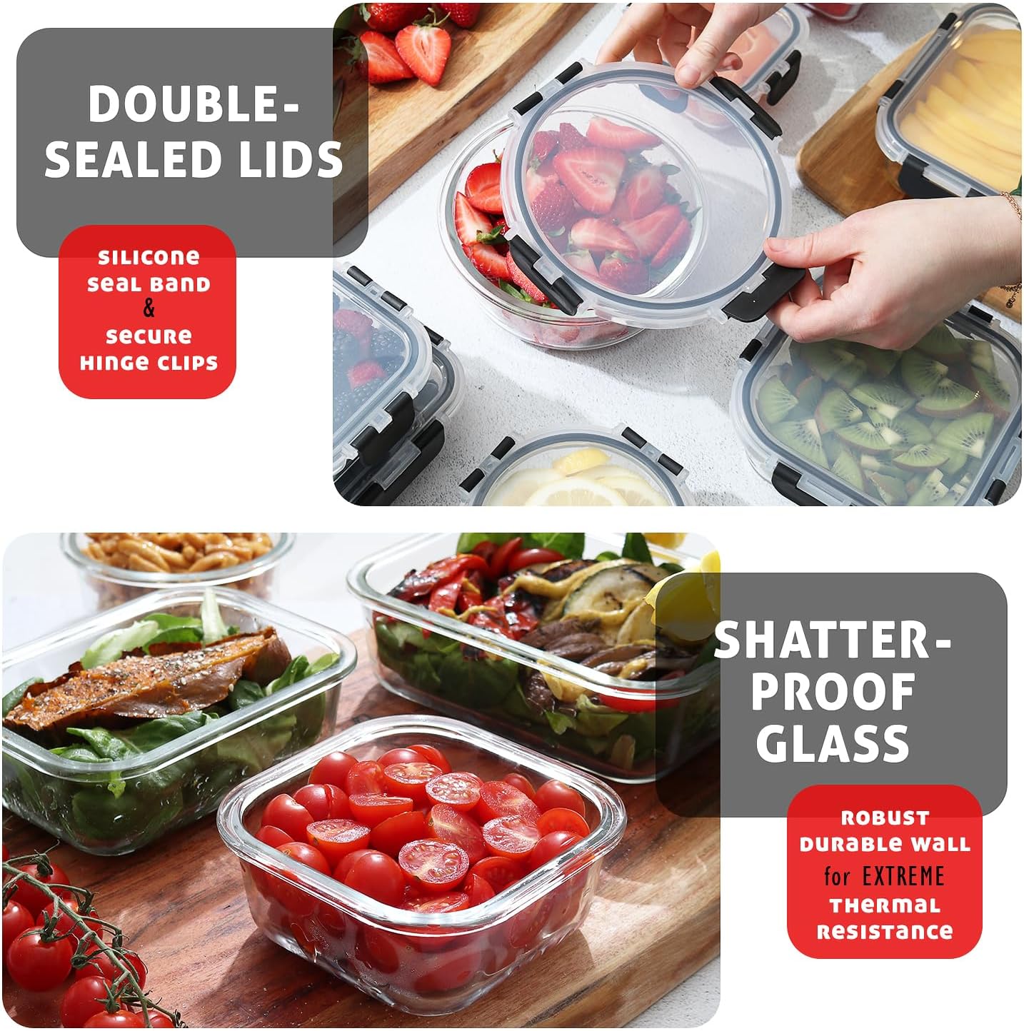 EATEX 48pc Glass Storage Containers with Lids, 24 Set Glass Food Storage Containers with 24 Airtight Lids, Pantry Kitchen Meal Prep Containers for Lunch, Freezer Storage Containers, Dishwasher Safe