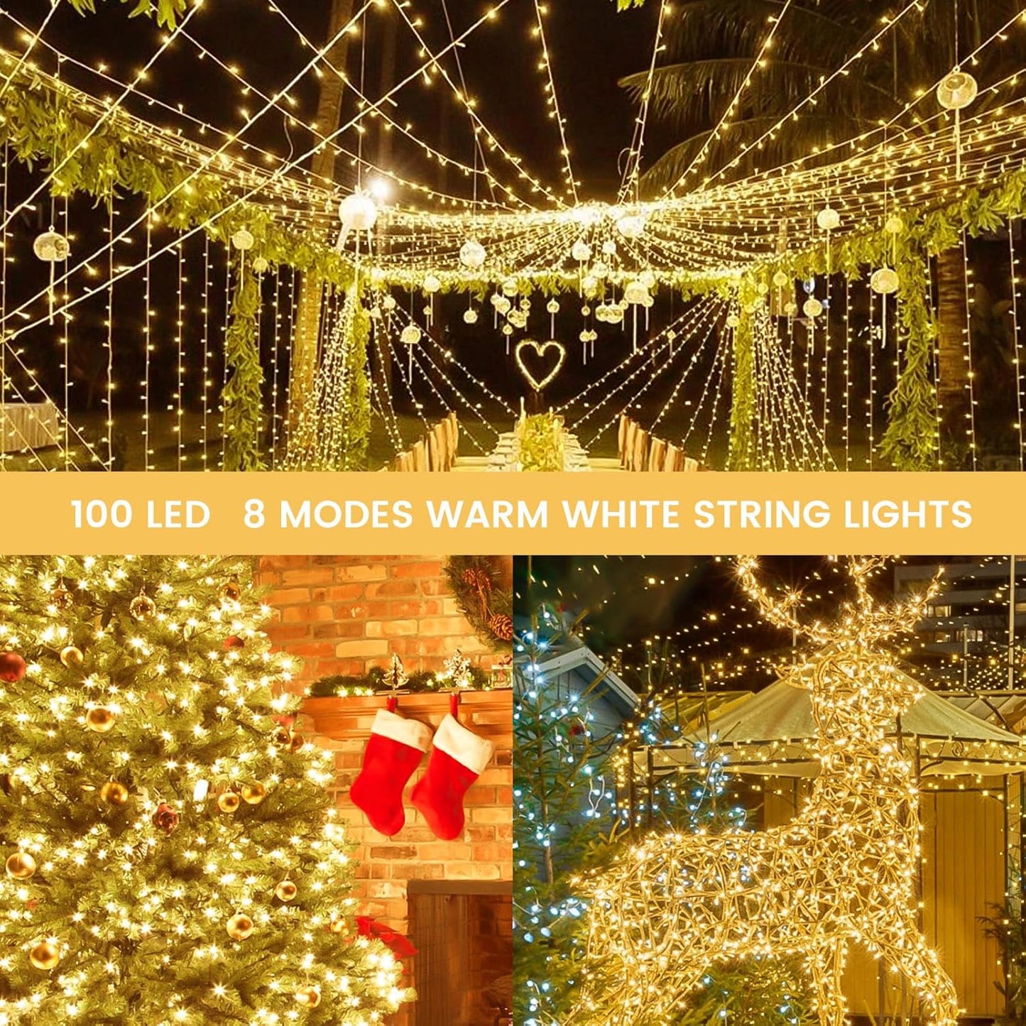 33FT 100LED String Lights Battery Operated with Timer, Waterproof Battery Powered Twinkle Lights, 8 Modes Fairy Light for Indoor & Outdoor Party Bedroom Garland Tree Christmas Decorations (Warm White)