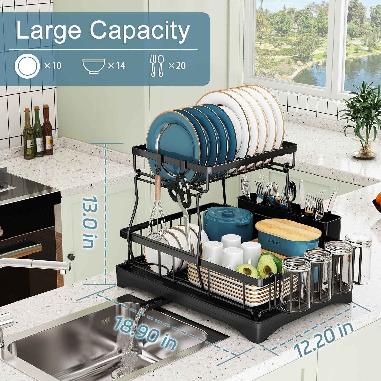 Dish Drying Rack, 2 Tier Dish Racks for Kitchen Counter, Large Stainless Steel Kitchen Dish Drying Rack with Drainboard, Detachable Dish Drainers with Utensil Holders