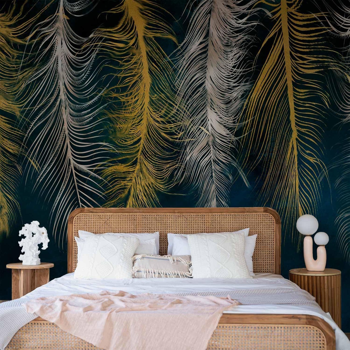 artgeist Wall Mural Feather 197x138 in - XXL Non-Woven Wallpaper Fleece Wall Decor Photo Print Picture Image Design Landscape Abstract Beige Navy Blue b-A-0812-a-a