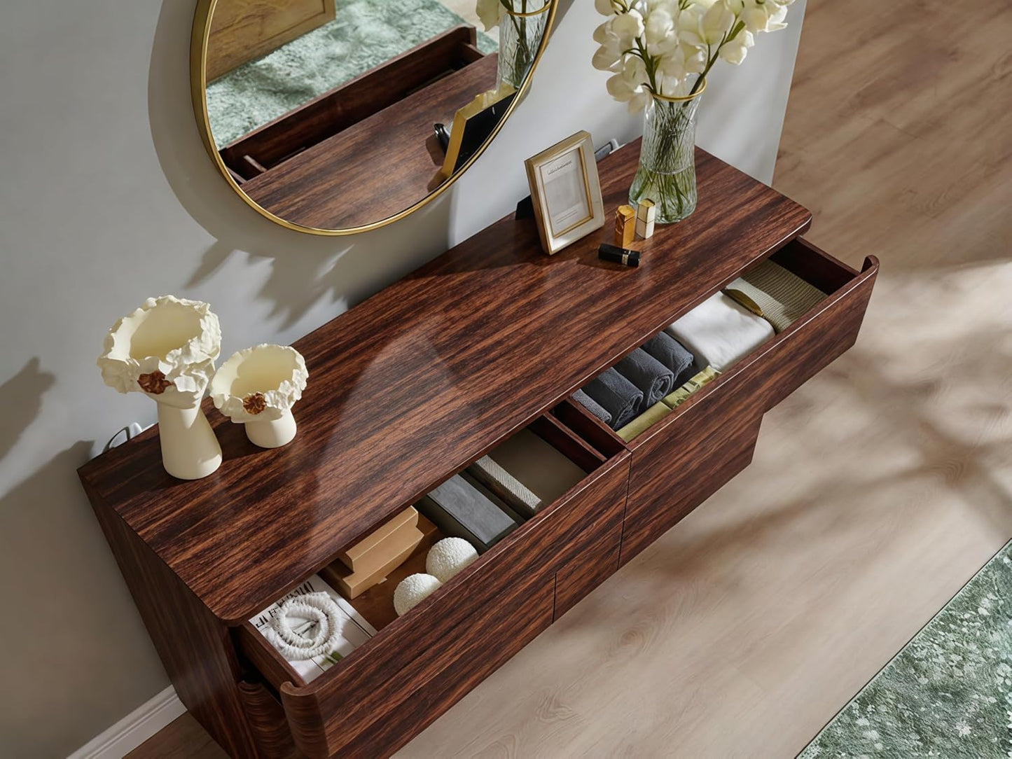 ACCOHOHO 6 Drawer Dresser for Bedroom, 52" Wide Modern Wood Dresser with Hidden Handle Drawers, Large Storage Chest of Drawers, TV Stand for Living Room & Hallway, Curved Profile Design, Dark Walnut