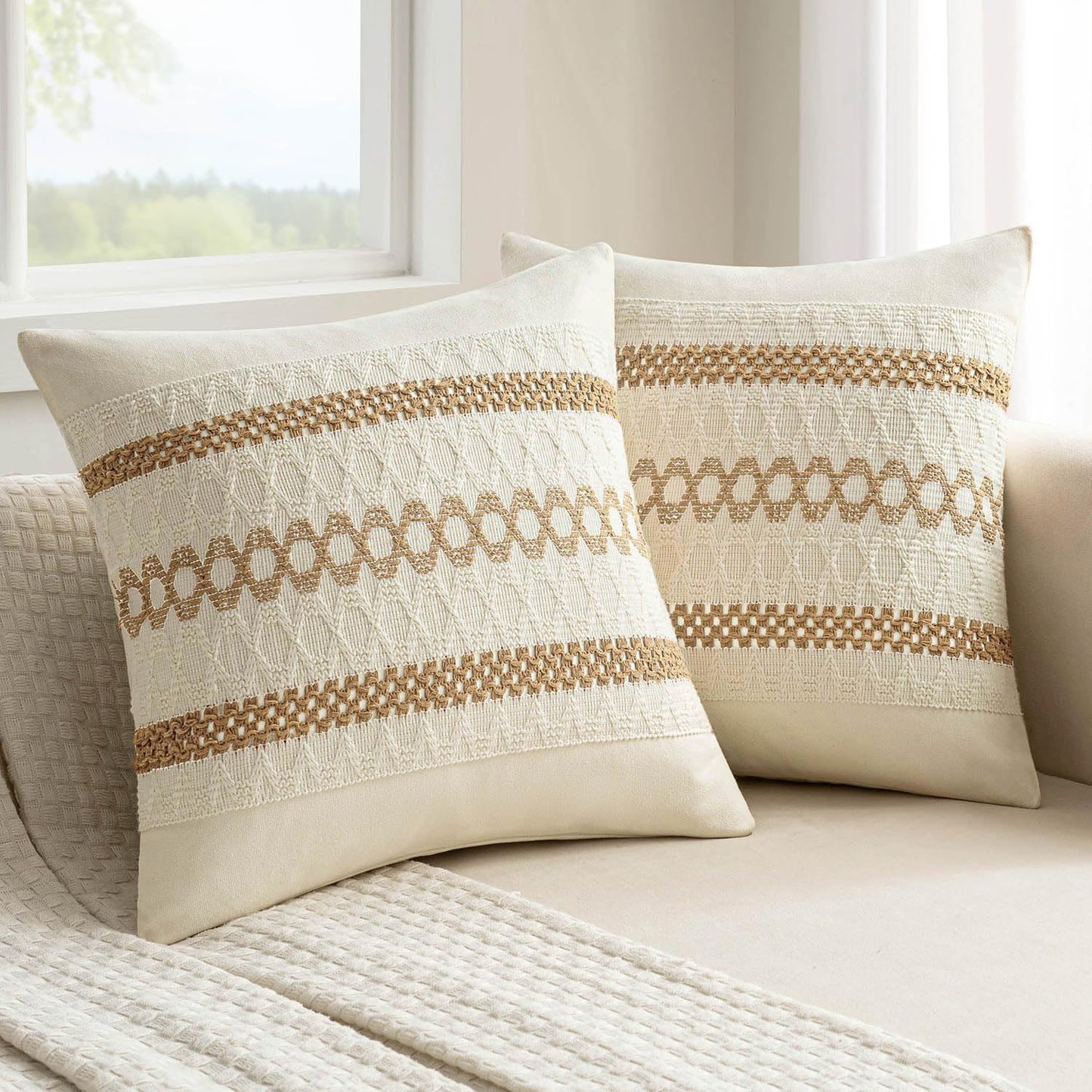 MIULEE Set of 2 Neutral Boho Decorative Pillow Covers 16x16 Inch Farmhouse Rustic Couch Throw Pillows Modern Cotton Cushion Covers Retro Cute Macrame Woven Home Decor for Bed Sofa Chair