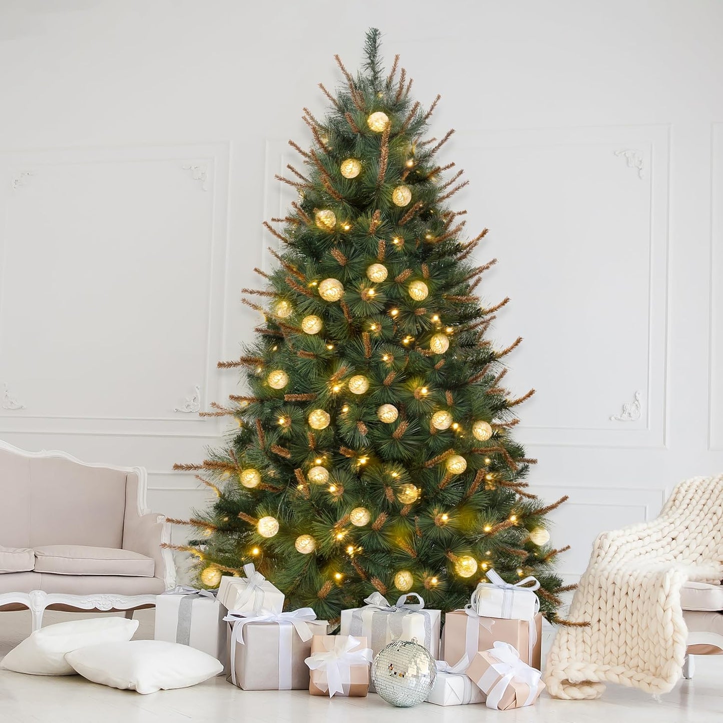 Selena 6.5ft Prelit Artificial Christmas Tree with 857 Branch Tips, 300 Warm Lights and Metal Stand, 43" Wide Realistic Withered Christmas Tree with Lights by Naomi Home