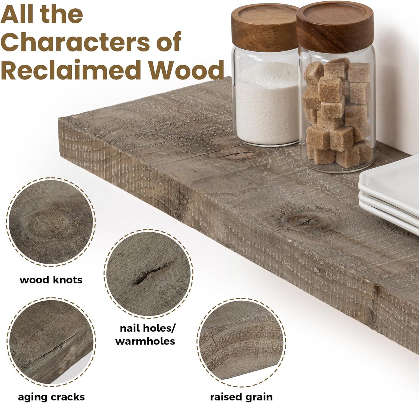 Solid Reclaimed Wood Floating Shelf 48inches Width and 8 inches Depth, Rustic Reclaimed Barnwood Wall Hanging Shelves with Invisible Heavy-Duty Metal Bracket，Cement Grey