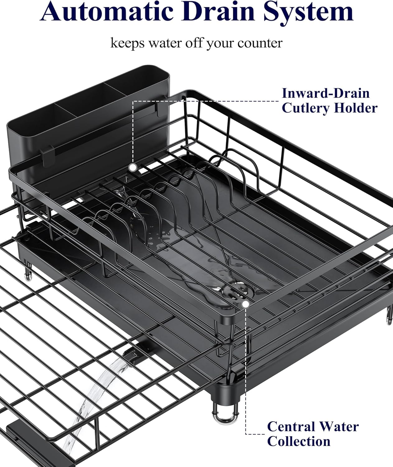 Kitsure Extendable Dish Drying Rack - Rust-Resistant Dish Racks for Kitchen Counter with Adjustable Support Legs, Cutlery Holder & Removable Draining Tray (Black, 15.6''-25.2''L × 16.9''W × 8.1''H)