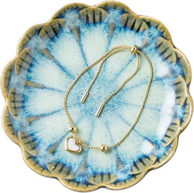 Jewelry Dish Tray, Ring Dish, Ceramic Trinket Tray, Key Bowl, Decorative Plate, for Friends Sisters Daughter Mother (Retro Blue)
