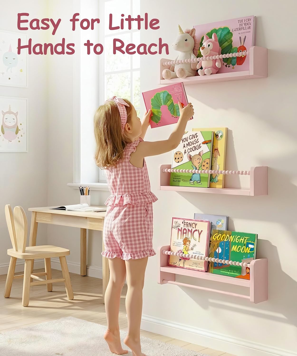 Nursery Book Shelves for Wall Set of 3, Pink Natural Wood Bookshelf Wall Decor, Small Floating Shelf Organizer for Kids Room, Bedroom, Kitchen Spice Rack