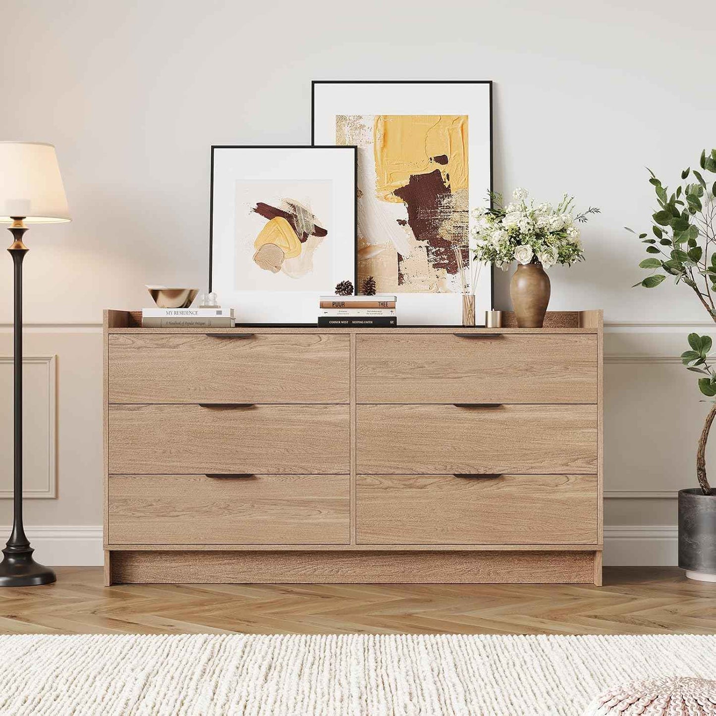 Modern Dresser with 6 Drawers 52.5" Wide Chest of Drawers with Metal Handle, Double Wooden Storage Cabinet with Deep Drawers & TV Stand Wood Closet Clothes Storage Organizer for Bedroom, Living Room,