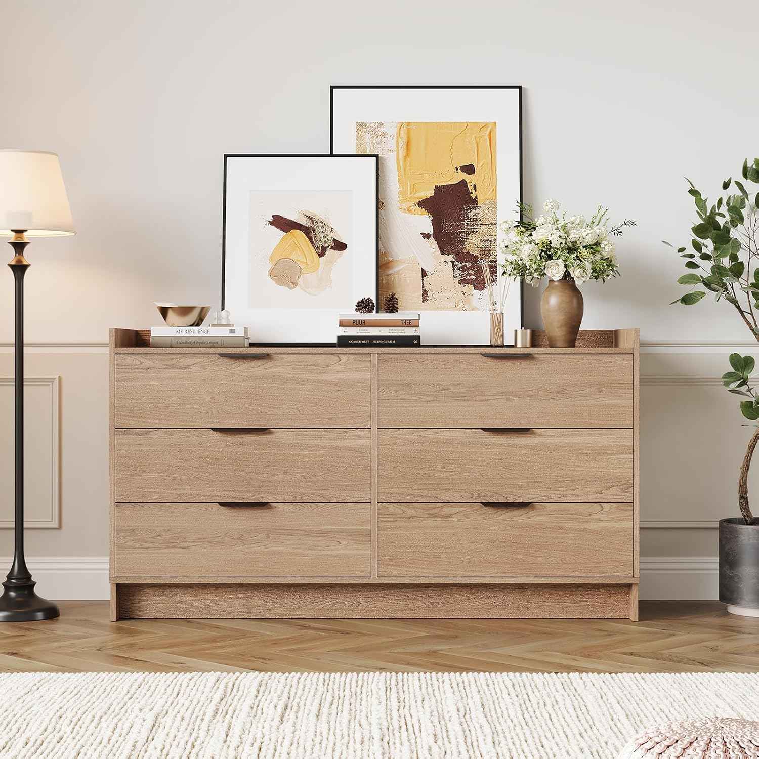 Modern Dresser with 6 Drawers 52.5" Wide Chest of Drawers with Metal Handle, Double Wooden Storage Cabinet with Deep Drawers & TV Stand Wood Closet Clothes Storage Organizer for Bedroom, Living Room,