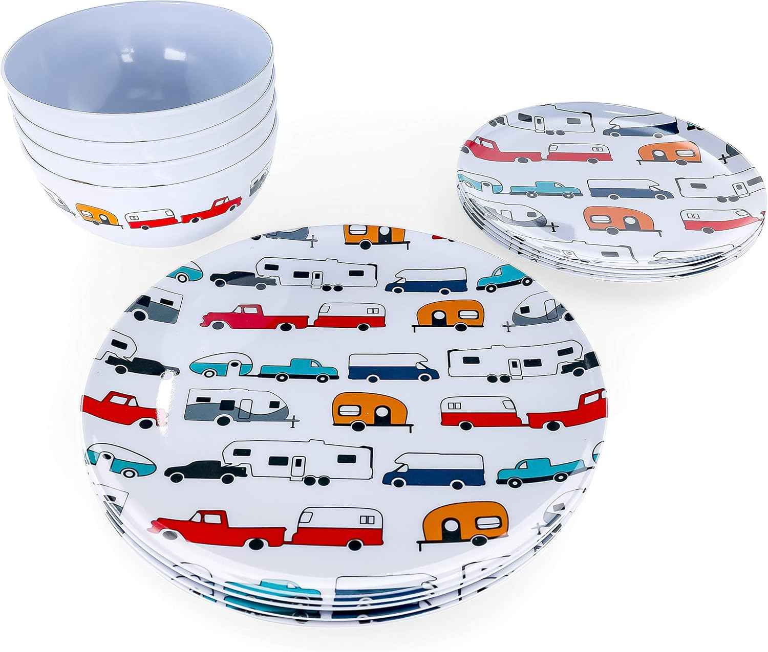 Camco Life is Better at The Campsite Dishware Set | Features a Virtually Unbreakable Melamine Construction, is Top Rack Dishwasher Safe, and has a Multicolored RV-Themed Design | 12-Piece (53297)