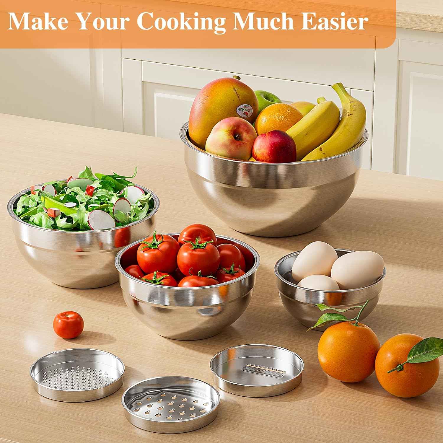 Mixing Bowls with Lids Set, 6 PCS Stainless Steel Mixing Bowls with 3 Grater Attachments, Kitchen Food Storage Organizers Nesting Mixing Bowl, Large Size 4.5, 3.5, 2.1, 1.5, 1.1, 0.7QT
