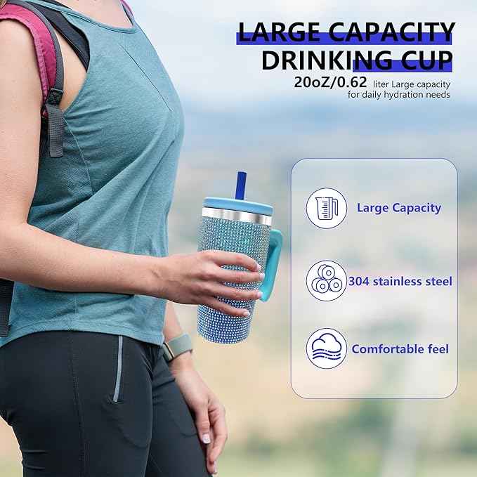 2PCS 20-OZ Insulated Water Bottle,Insulated Stainless Steel Tumbler,Reusable Cold Drink Thermos,BPA-Free, Double-Wall Stainless Steel Water Bottle (Royal Blue - Diamonds, 20, Fluid Ounces)