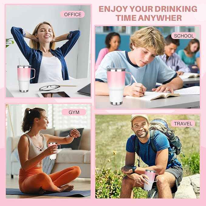 30 oz Stainless Steel Insulated Tumbler with Handle, Double Wall Vacuum Insulated Coffee Mug Tumbler, Thermal Cup for Cold and Hot (Pink White)
