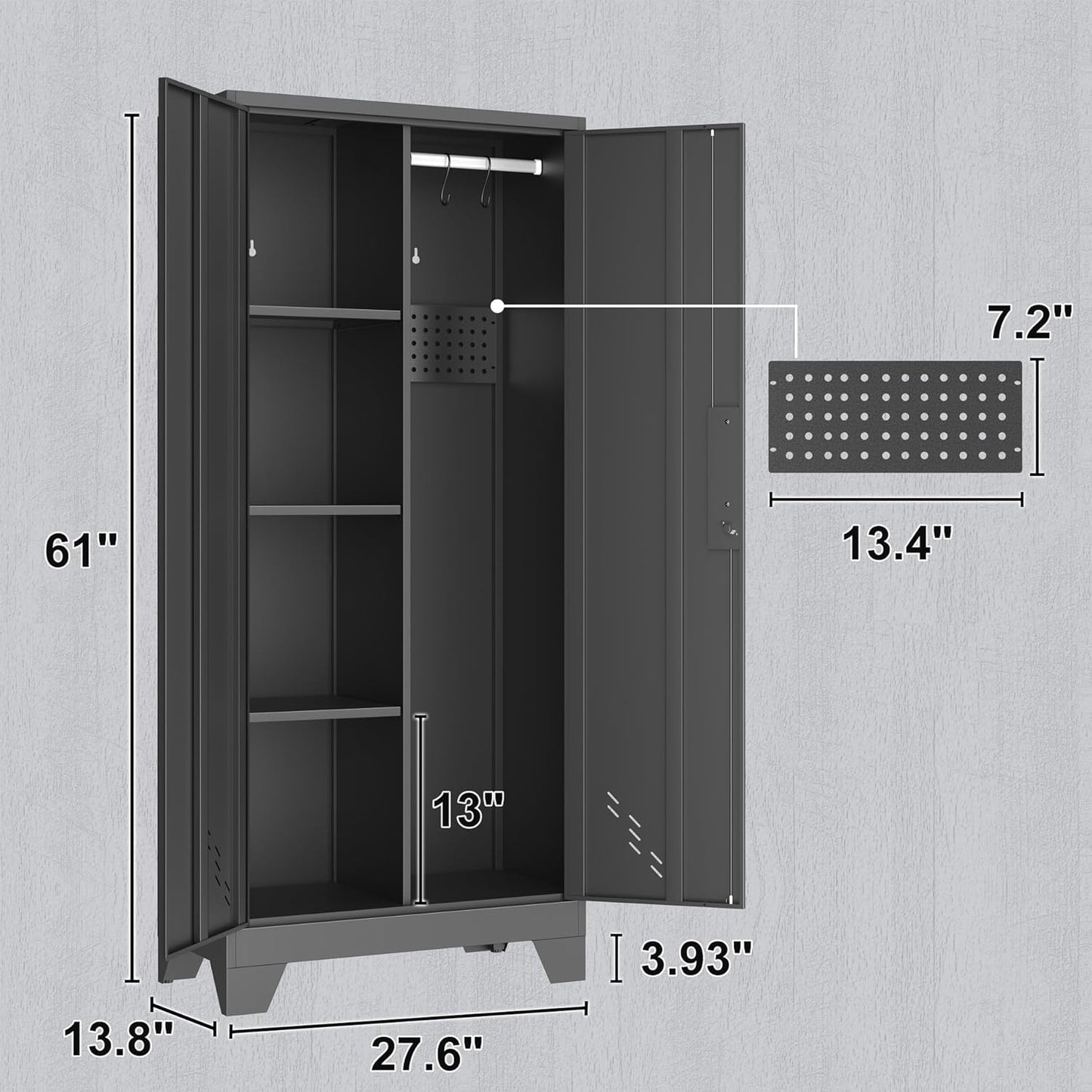 Metal Storage Cabinet with Locking Doors, 61" Tall Garage with Hanging Rod, Broom Closet, Freestanding Bathroom Storage Cabinet, Cleaning Tool,Black - Lumora Casa