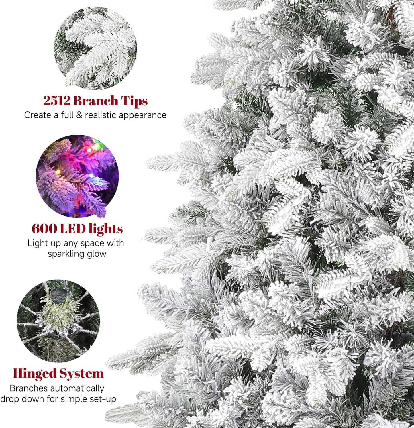 9FT Snow Flocked Pre-Lit Christmas Tree with 360° Rotating Base, 2512 PE/PVC Tips, 600 LED Lights, 8 Modes, Dimmable and Timer Functions, Musical Artificial Xmas Tree for Holiday Decor
