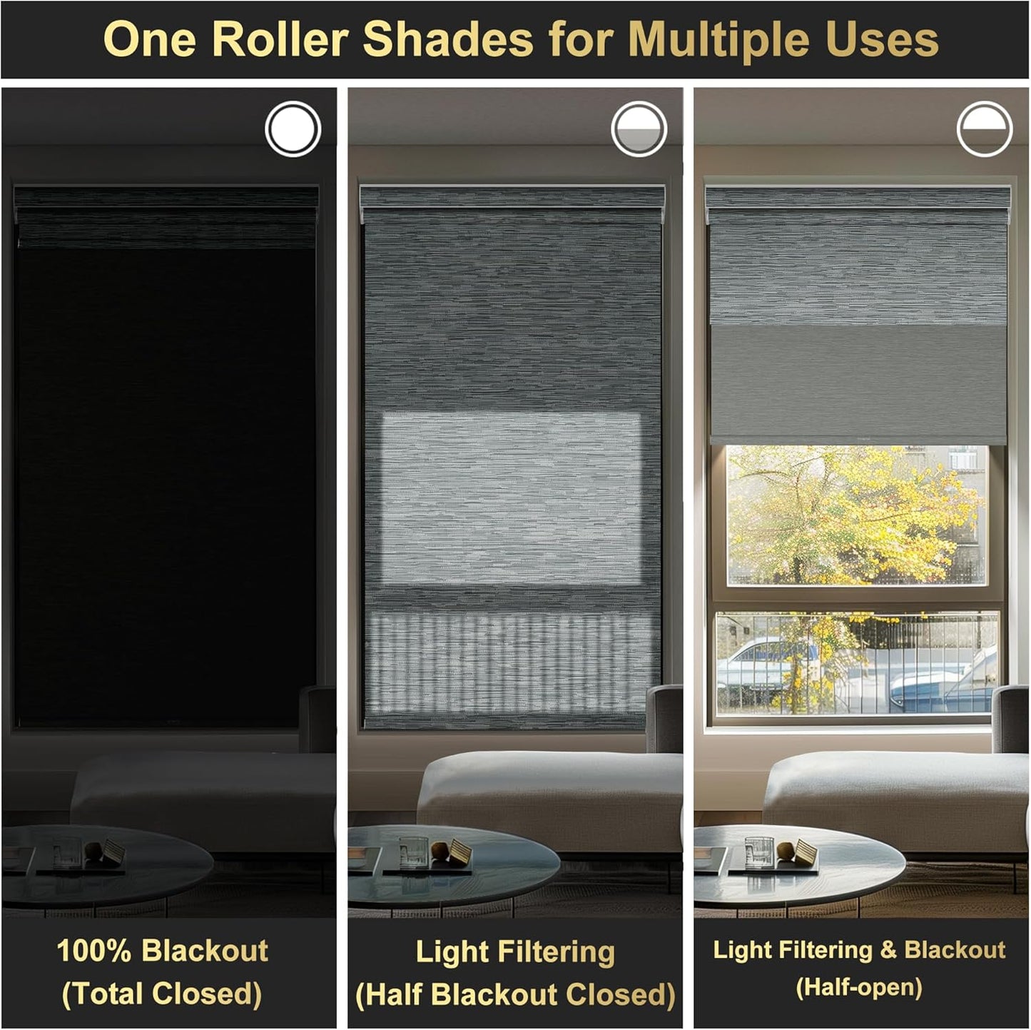 BERISSA Cordless Dual Roller Shades with Cassette Valance, Double Window Shades - Blackout and Light Filtering - Day and Night - Striped Jacquard Grey - 38 W x 44" H