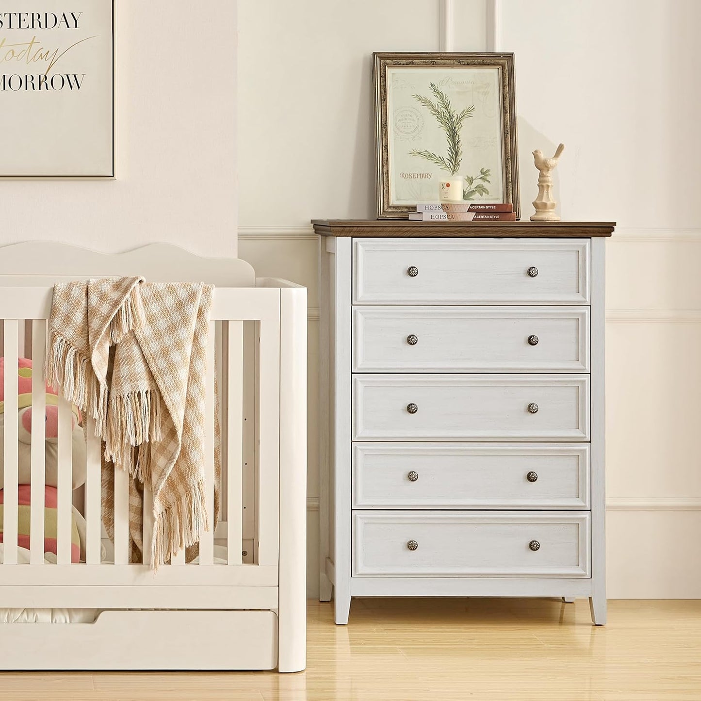 BLANKSPACE Dresser for Bedroom, 5 Drawer Dresser, Modern 5 Chest of Drawers, Farmhouse Storage Cabinet with 5 Drawers for Home Office, Dining Room, Antique White