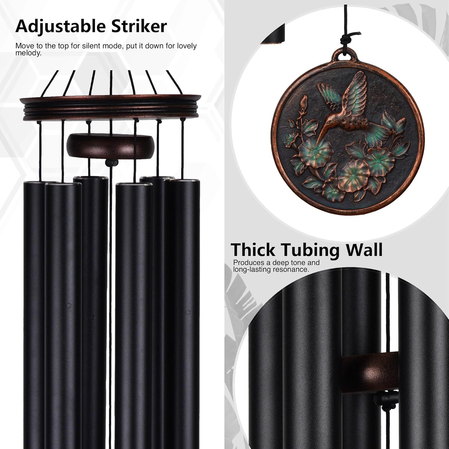 Vanquer Large Wind Chimes for Outside Deep Tone - 46'' Wind Chimes Outdoor Clearance, Windchimes Outdoors, Hummingbird Wind Chime,Sympathy Gift, Patio, Home Décor, Vintage Black (46" Hummingbird)