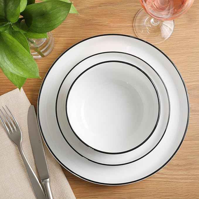 Gibson Home Rothernberg Plates and Bowls 18 Piece Porcelain White Dinnerware Set W/Black Rim | Stackable Dishes | Microwave & Dishwasher Safe