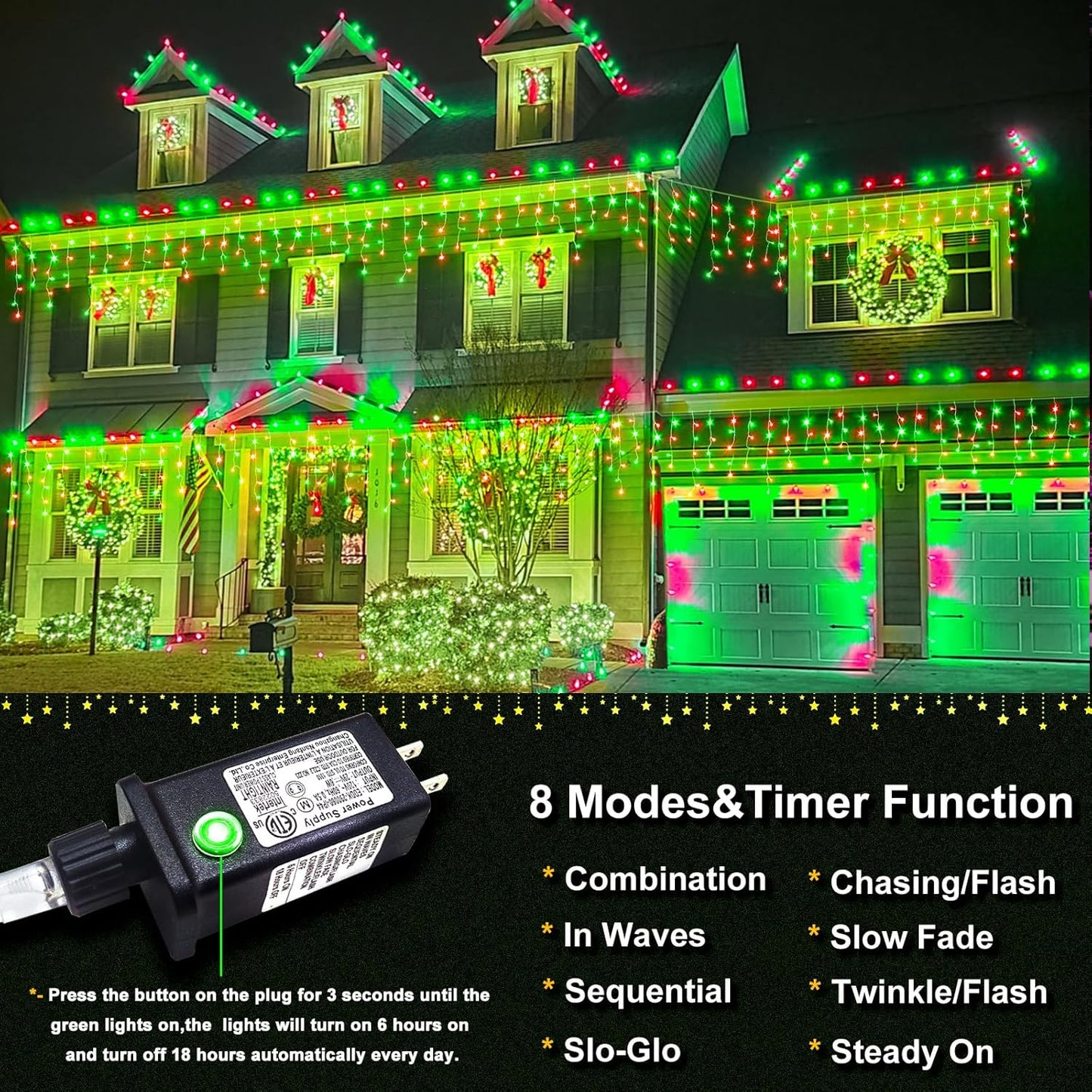 Icicle Lights for Outside, 66ft 640 LED Red and Green Christmas Lights 8 Modes with 120 Drops, Waterproof Christmas Icicle Light Outdoor Plug in for Indoor Party Holiday Halloween Decorations