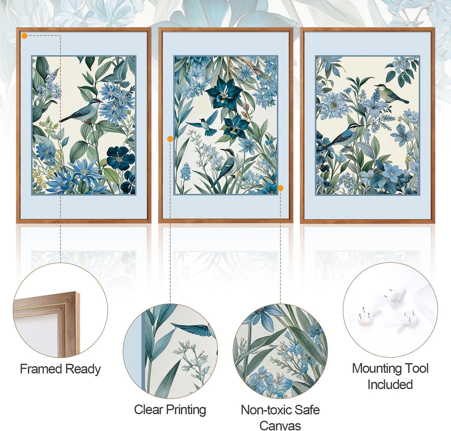 Aurlan Vintage Blue Birds and Botanical Framed Wall Art(24"x36"), 3PCS Classic Chinoiserie Audubon Bird Canvas Artwork, Large Abstract Watercolor Flowers Floral Home Decor for Bedroom Living Room
