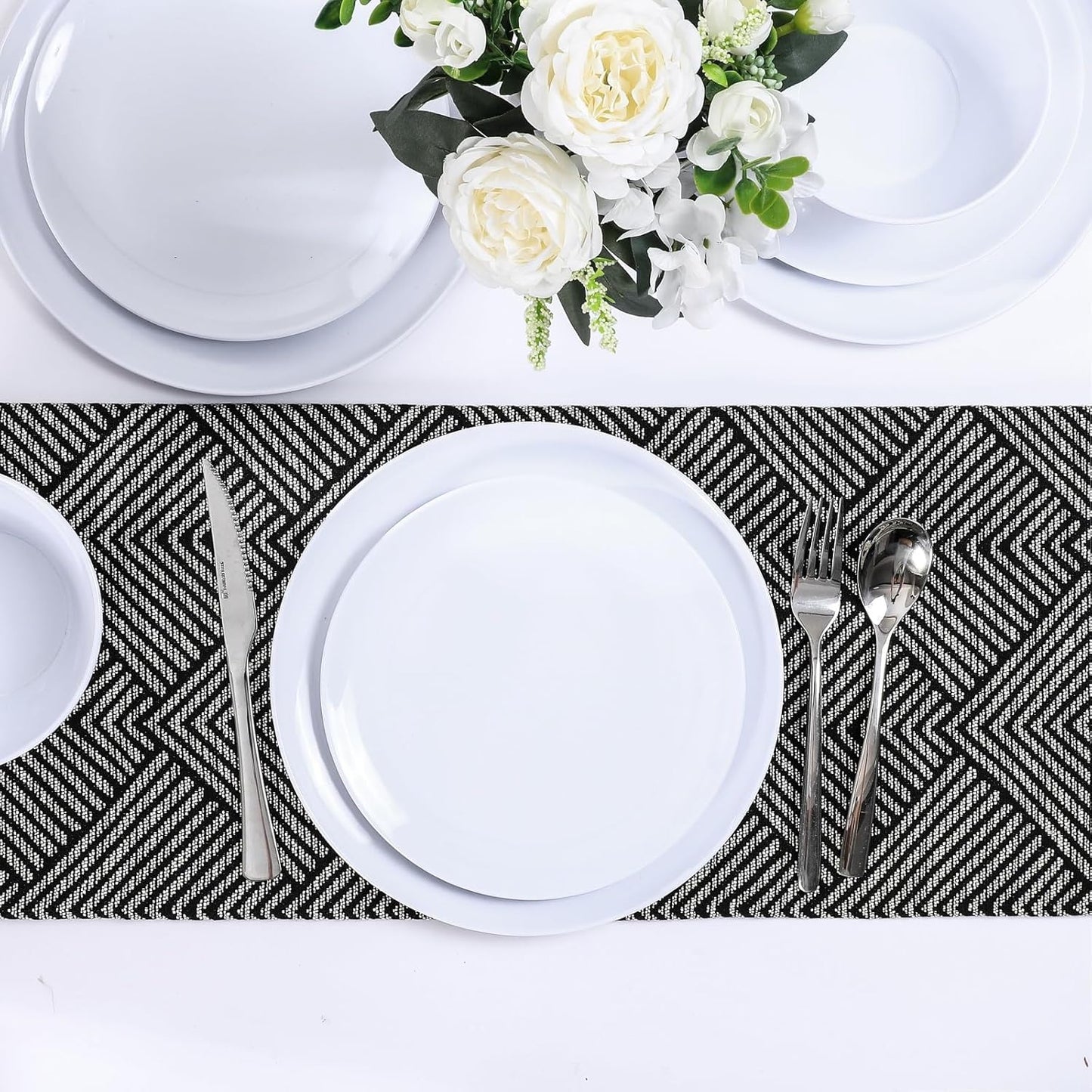 Melamine Dinnerware Sets,18-piece Melamine Plates and Bowls Set, Unbreakable Dishes Set for 6, Dishwasher Safe,Indoor and Outdoor Use,Lightweight,White