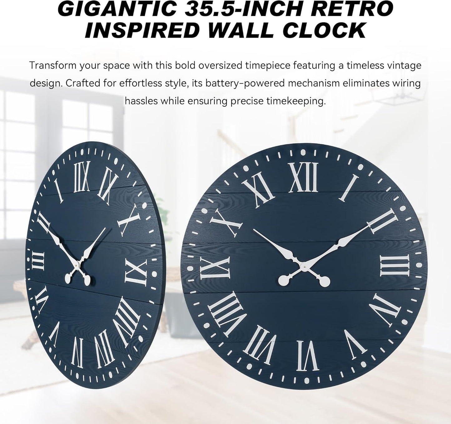 Large Wall Clock with Roman Numeral, 35” Shiplap Wall Clock Farmhouse Nearly Non-Ticking, Round Clock for Living Room Decor, Office, Bedroom, Entrance, Blue