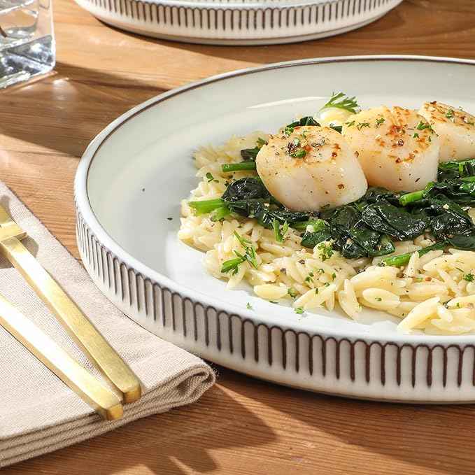 Gibson Elite 12 Piece (Service for 4) Townscape Plates and Bowls Reactive Glaze Embossed Round Dishes Terracotta Ceramic Dinnerware Set - Cream White