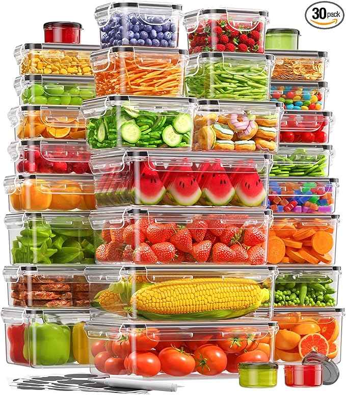 KEMETHY 60 PCS Food Storage Containers with Lids, BPA-Free Plastic Food Containers for Kitchen Storage, Leak Proof, Reusable Meal Prep Containers with Labels & Pen