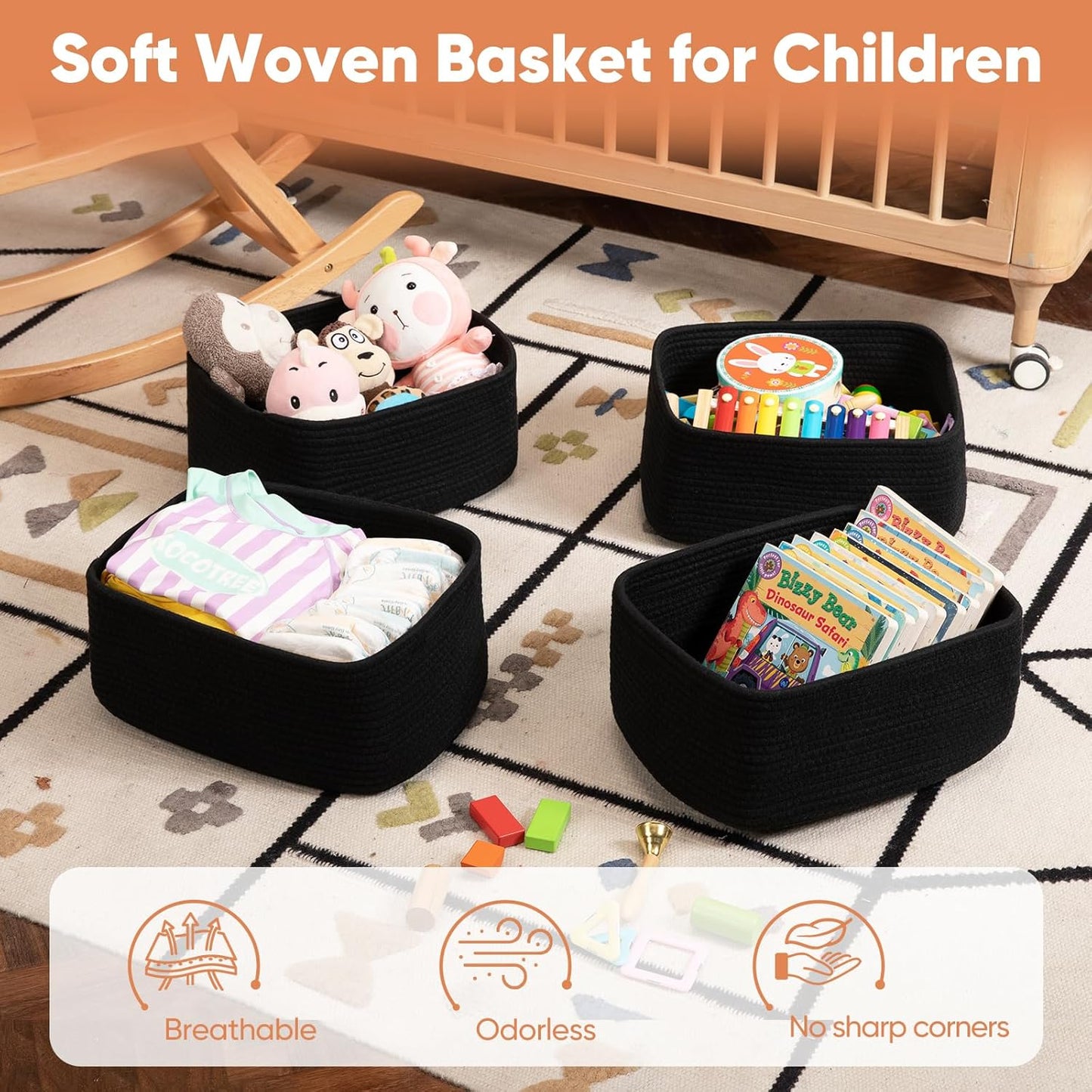 OIAHOMY 4 Pack 14.17*11.02*6.3IN Storage Baskets for Organizing Shelves, Woven Rope Baskets for Organizing Books, Clothes, Decorative Basket for Living Room, Nursery, Bedroom, Gift Basket, Black