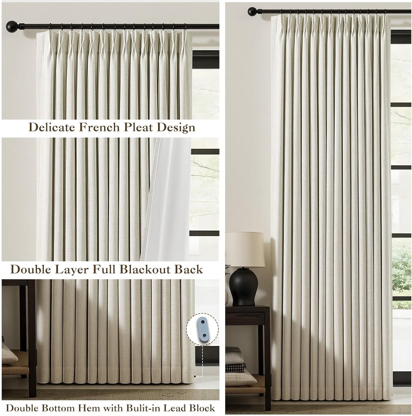 IVAPUPU Natural Linen Blend Pinch Pleated Blackout Curtains for Bedroom - 2 Panels 100% Black Out Curtains 108 Inch Long for Living Room Darkening Thermal Window Curtain Drapes with 16pc Hooks
