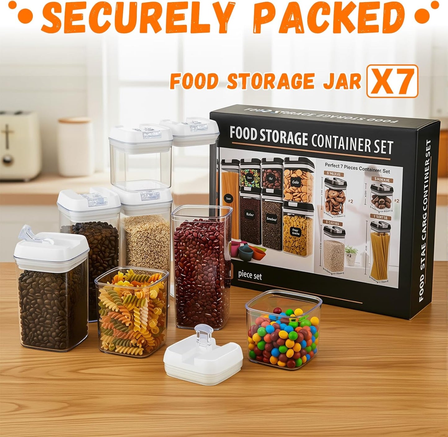 Airtight Food Storage Containers with Lids 7 pcs Plastic Kitchen and Pantry Organization Canisters for Cereal, BPA Free Kitchen Canisters for Spaghetti, Pasta (Airtight Food)