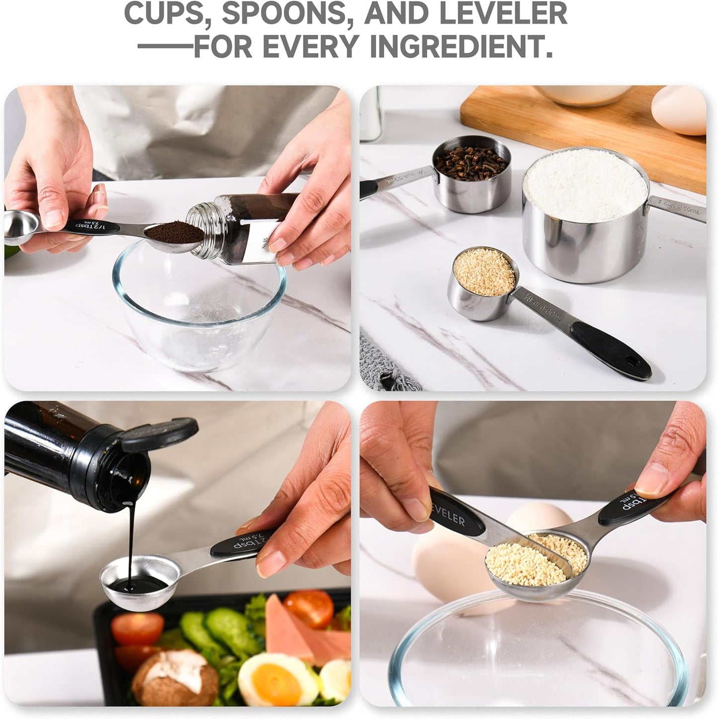 Magnetic Measuring Cups and Spoons Set, Strong N45 Magnets, 304 Stainless Steel, Double-Sided Measuring Spoons, 14-Piece Set with Leveler for Baking & Cooking