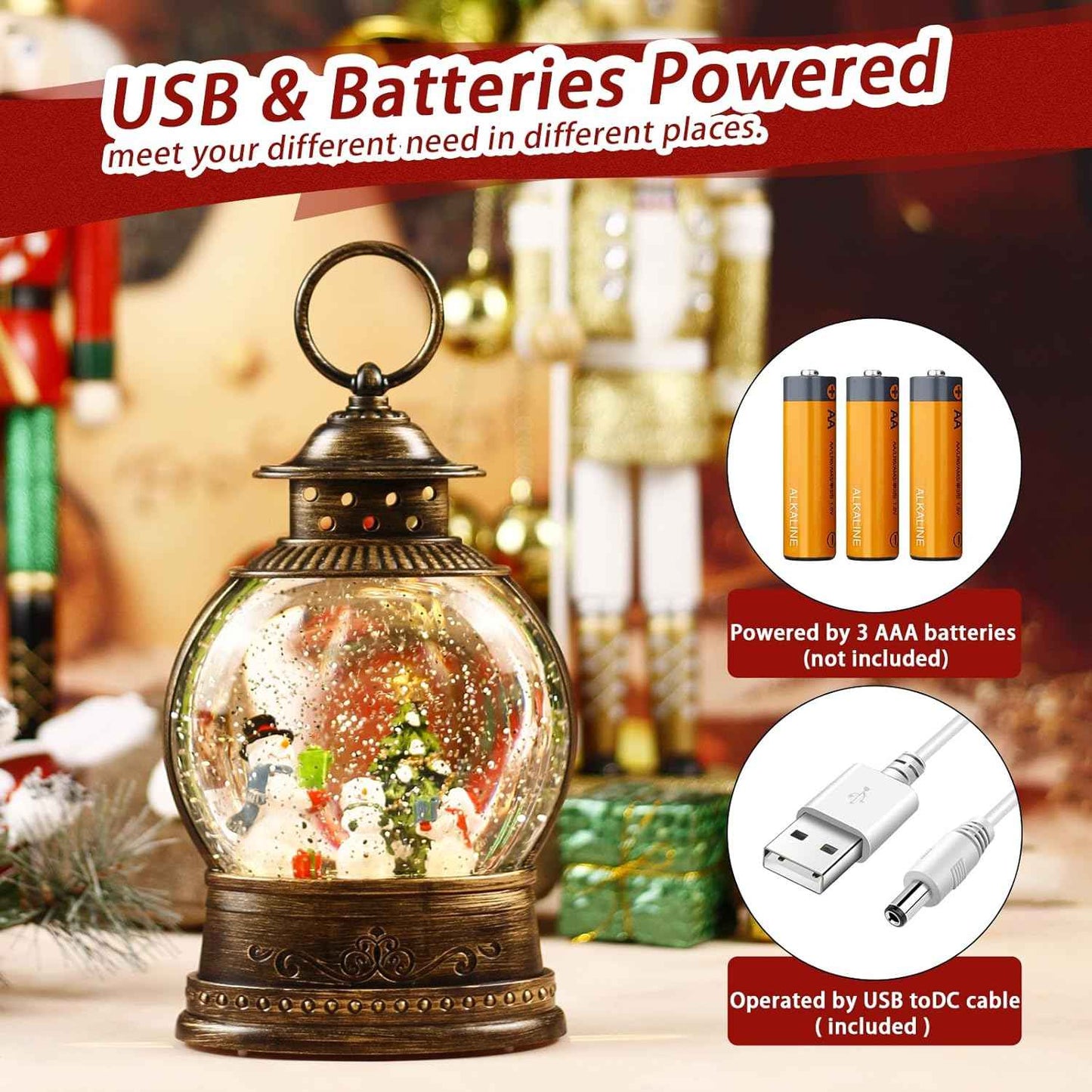 Christmas Snow Globe Lantern, Musical Lighted Snowman and Tree Snow Globes with 6H Timer, Battery & USB Operated Spinning and Swirling Glitter Snow Globes Christmas Decorations
