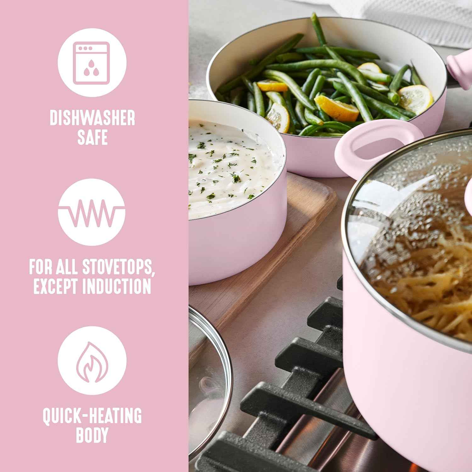 GreenLife 2.5QT Nonstick Saucepan with Glass Lid, Soft Grip, PFAS-Free Ceramic, Multipurpose Chef Pan, Milk & Sauce Cooking Pot, Dishwasher & Oven Safe to 350˚F, Stay-Cool Handle, Pink