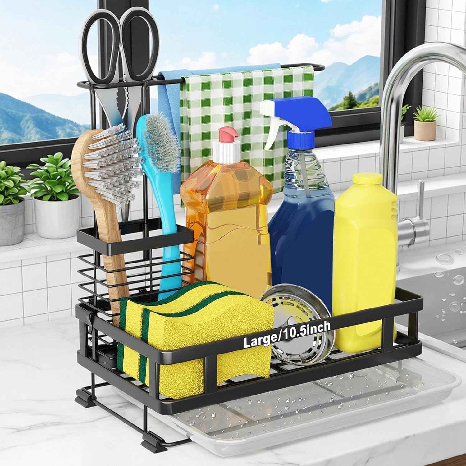 Godboat Kitchen Sink Organizer with Brush Rack, 304 Stainless Steel Dish Soap Dispenser, Sponge Holder for Kitchen Sink, Sink Caddy with Drain-Pan, Cool Kitchen Gadgets & Gifts for Women, Christmas